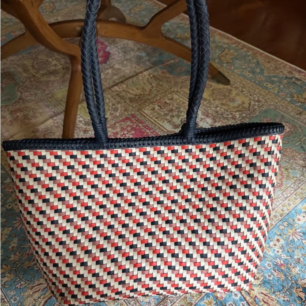 Woven Multicolor Tote Bag with Navy Trim - Picture 2 of 7